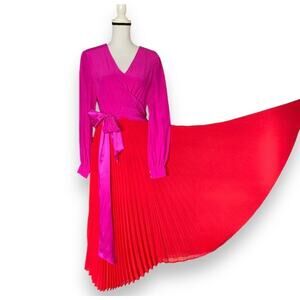 Delfi Collective Camille Dress Sz M Red Pink Long Sleeve Accordion Pleated Long